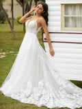 A-Line/Princess Tulle Applique V-neck Sleeveless Court Train Wedding Dresses Bridal Gowns