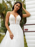 A-Line/Princess Tulle Applique V-neck Sleeveless Court Train Wedding Dresses Bridal Gowns