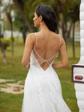 A-Line/Princess Tulle Applique V-neck Sleeveless Court Train Wedding Dresses Bridal Gowns