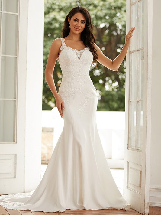 Sheath/Column Stretch Crepe Lace Straps Sleeveless Court Train Wedding Dresses Bridal Gowns