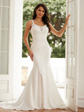 Sheath/Column Stretch Crepe Lace Straps Sleeveless Court Train Wedding Dresses Bridal Gowns