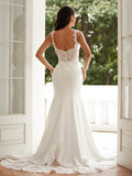 Sheath/Column Stretch Crepe Lace Straps Sleeveless Court Train Wedding Dresses Bridal Gowns