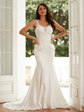 Sheath/Column Stretch Crepe Lace Straps Sleeveless Court Train Wedding Dresses Bridal Gowns