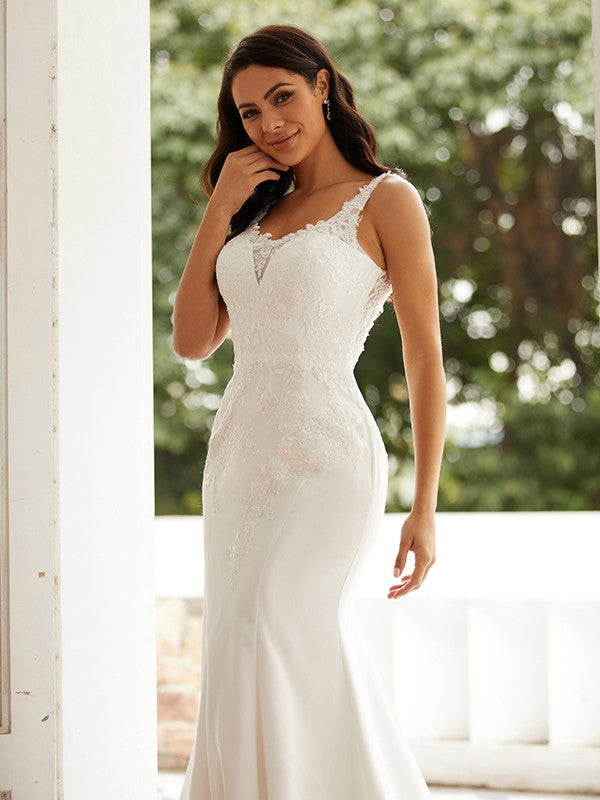 Sheath/Column Stretch Crepe Lace Straps Sleeveless Court Train Wedding Dresses Bridal Gowns
