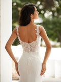 Sheath/Column Stretch Crepe Lace Straps Sleeveless Court Train Wedding Dresses Bridal Gowns
