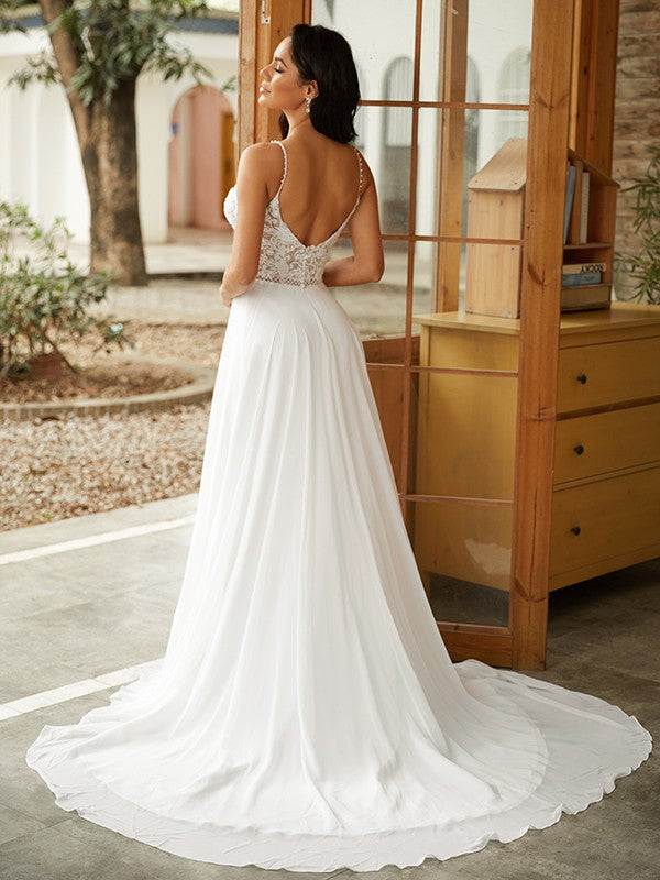 A-Linie/Princess-Linie Chiffon Spitze V-Ausschnitt Ärmellos Hof-schleppe Brautkleider