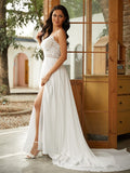 A-Linie/Princess-Linie Chiffon Spitze V-Ausschnitt Ärmellos Hof-schleppe Brautkleider
