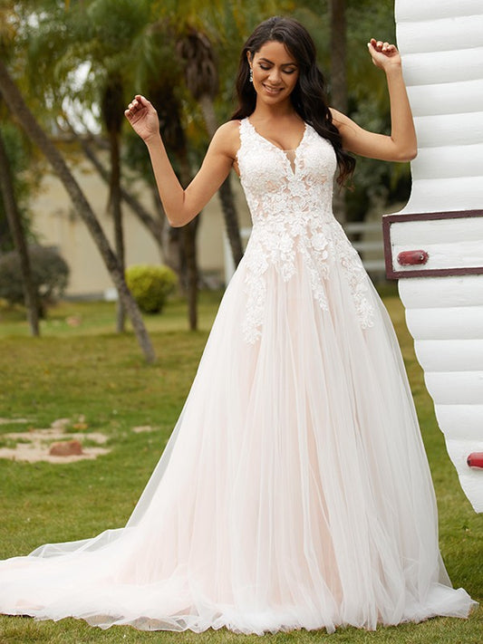 A-Line/Princess Tulle Lace V-neck Sleeveless Court Train Wedding Dresses Bridal Gowns