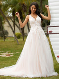 A-Line/Princess Tulle Lace V-neck Sleeveless Court Train Wedding Dresses Bridal Gowns