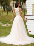 A-Line/Princess Tulle Lace V-neck Sleeveless Court Train Wedding Dresses Bridal Gowns