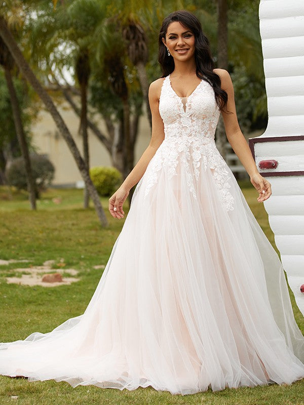 A-Line/Princess Tulle Lace V-neck Sleeveless Court Train Wedding Dresses Bridal Gowns