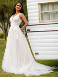 A-Line/Princess Tulle Lace V-neck Sleeveless Court Train Wedding Dresses Bridal Gowns