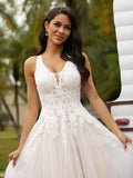 A-Line/Princess Tulle Lace V-neck Sleeveless Court Train Wedding Dresses Bridal Gowns