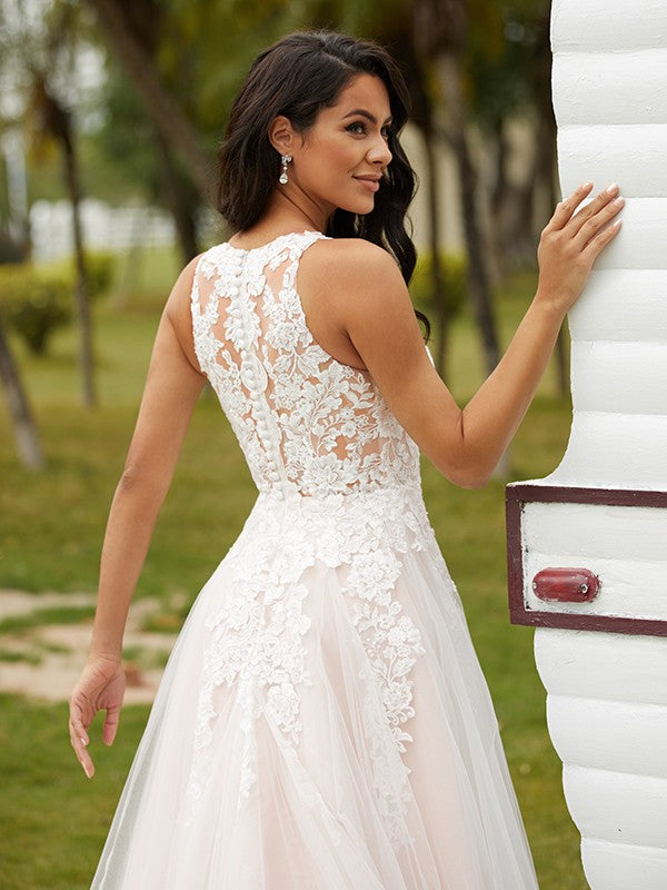 A-Line/Princess Tulle Lace V-neck Sleeveless Court Train Wedding Dresses Bridal Gowns