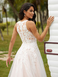 A-Line/Princess Tulle Lace V-neck Sleeveless Court Train Wedding Dresses Bridal Gowns