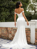 Sheath/Column Silk like Satin Ruched Off-the-Shoulder Sleeveless Sweep/Brush Train Wedding Dresses Bridal Gowns