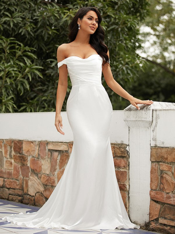 Sheath/Column Silk like Satin Ruched Off-the-Shoulder Sleeveless Sweep/Brush Train Wedding Dresses Bridal Gowns