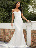 Sheath/Column Silk like Satin Ruched Off-the-Shoulder Sleeveless Sweep/Brush Train Wedding Dresses Bridal Gowns