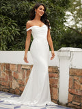 Sheath/Column Silk like Satin Ruched Off-the-Shoulder Sleeveless Sweep/Brush Train Wedding Dresses Bridal Gowns