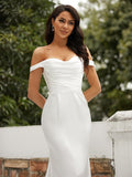 Sheath/Column Silk like Satin Ruched Off-the-Shoulder Sleeveless Sweep/Brush Train Wedding Dresses Bridal Gowns