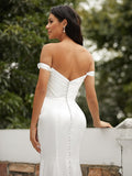 Sheath/Column Silk like Satin Ruched Off-the-Shoulder Sleeveless Sweep/Brush Train Wedding Dresses Bridal Gowns