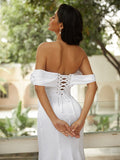 Sheath/Column Charmeuse Ruched Off-the-Shoulder Sleeveless Sweep/Brush Train Wedding Dresses Bridal Gowns