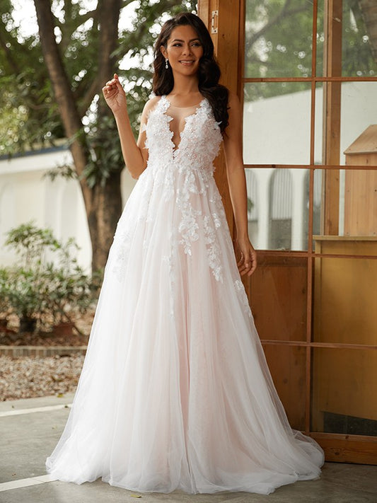 A-Linie/Princess-Linie Tüll Applikationen U-Ausschnitt Ärmellos Sweep/Pinsel zug Brautkleider