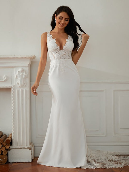 Sheath/Column Stretch Crepe Lace V-neck Sleeveless Sweep/Brush Train Wedding Dresses Bridal Gowns