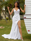 Sheath/Column Charmeuse Lace V-neck Sleeveless Court Train Wedding Dresses Bridal Gowns