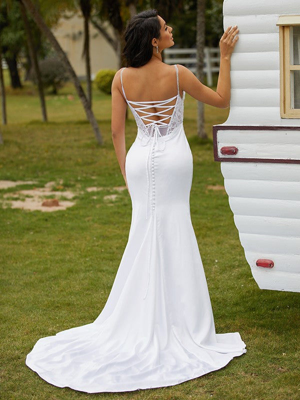 Sheath/Column Charmeuse Lace V-neck Sleeveless Court Train Wedding Dresses Bridal Gowns