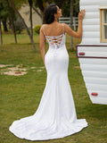 Sheath/Column Charmeuse Lace V-neck Sleeveless Court Train Wedding Dresses Bridal Gowns