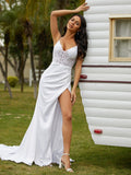 Sheath/Column Charmeuse Lace V-neck Sleeveless Court Train Wedding Dresses Bridal Gowns
