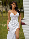 Sheath/Column Charmeuse Lace V-neck Sleeveless Court Train Wedding Dresses Bridal Gowns
