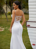 Sheath/Column Charmeuse Lace V-neck Sleeveless Court Train Wedding Dresses Bridal Gowns