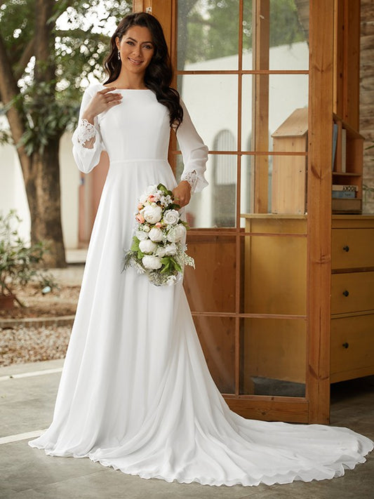 A-Linie/Princess-Linie Chiffon Spitze U-Ausschnitt Lange Ärmel Hof-schleppe Brautkleider
