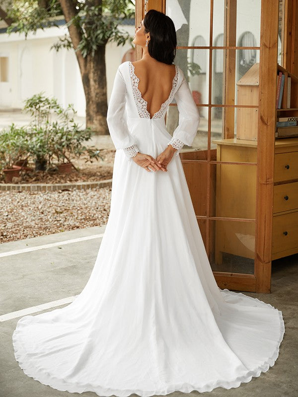 A-Linie/Princess-Linie Chiffon Spitze U-Ausschnitt Lange Ärmel Hof-schleppe Brautkleider