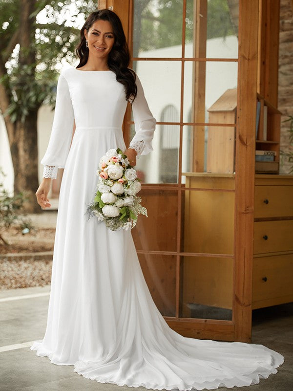 A-Linie/Princess-Linie Chiffon Spitze U-Ausschnitt Lange Ärmel Hof-schleppe Brautkleider