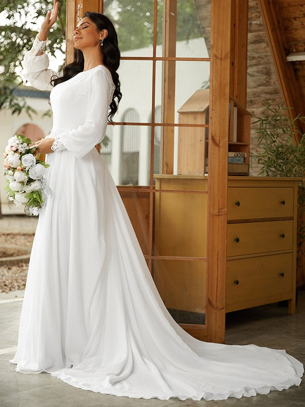 A-Linie/Princess-Linie Chiffon Spitze U-Ausschnitt Lange Ärmel Hof-schleppe Brautkleider