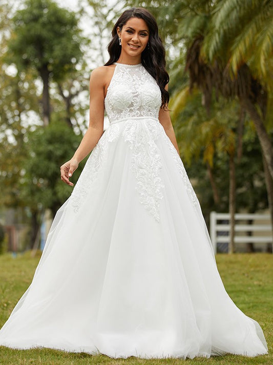 A-Line/Princess Tulle Lace Scoop Sleeveless Sweep/Brush Train Wedding Dresses Bridal Gowns