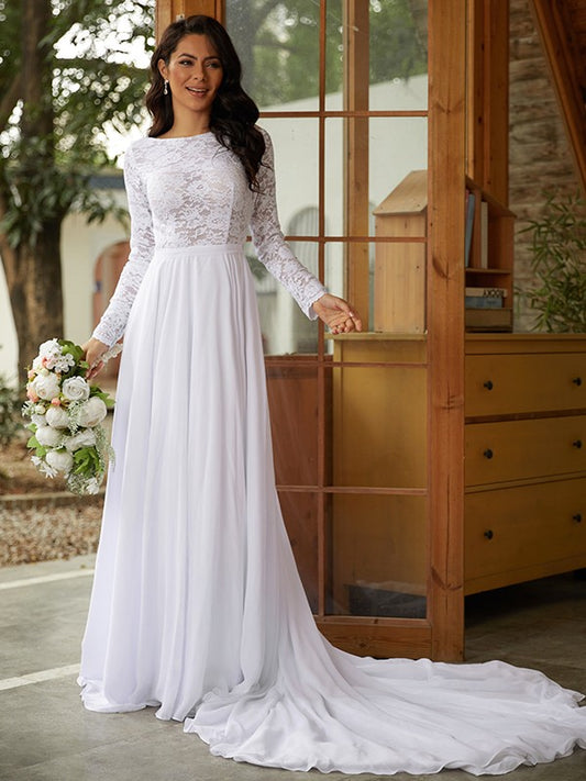 A-Linie/Princess-Linie Chiffon Spitze U-Ausschnitt Lange Ärmel Kathedrale Schleppe Brautkleider