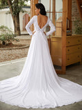 A-Linie/Princess-Linie Chiffon Spitze U-Ausschnitt Lange Ärmel Kathedrale Schleppe Brautkleider