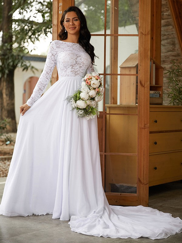 A-Linie/Princess-Linie Chiffon Spitze U-Ausschnitt Lange Ärmel Kathedrale Schleppe Brautkleider