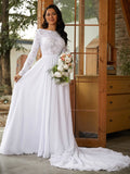 A-Linie/Princess-Linie Chiffon Spitze U-Ausschnitt Lange Ärmel Kathedrale Schleppe Brautkleider