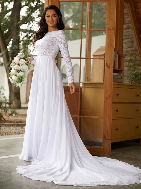 A-Linie/Princess-Linie Chiffon Spitze U-Ausschnitt Lange Ärmel Kathedrale Schleppe Brautkleider