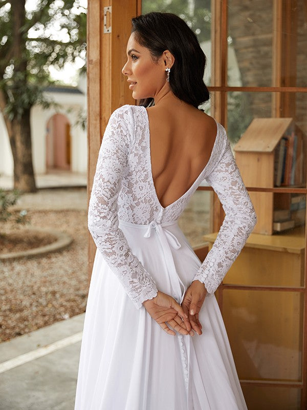 A-Linie/Princess-Linie Chiffon Spitze U-Ausschnitt Lange Ärmel Kathedrale Schleppe Brautkleider