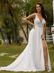 A-Line/Princess Chiffon Lace V-neck Sleeveless Sweep/Brush Train Wedding Dresses Bridal Gowns