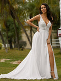 A-Line/Princess Chiffon Lace V-neck Sleeveless Sweep/Brush Train Wedding Dresses Bridal Gowns