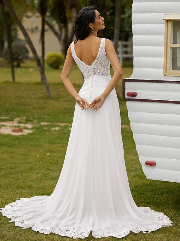 A-Line/Princess Chiffon Lace V-neck Sleeveless Sweep/Brush Train Wedding Dresses Bridal Gowns
