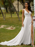 A-Line/Princess Chiffon Lace V-neck Sleeveless Sweep/Brush Train Wedding Dresses Bridal Gowns