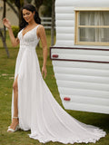 A-Line/Princess Chiffon Lace V-neck Sleeveless Sweep/Brush Train Wedding Dresses Bridal Gowns